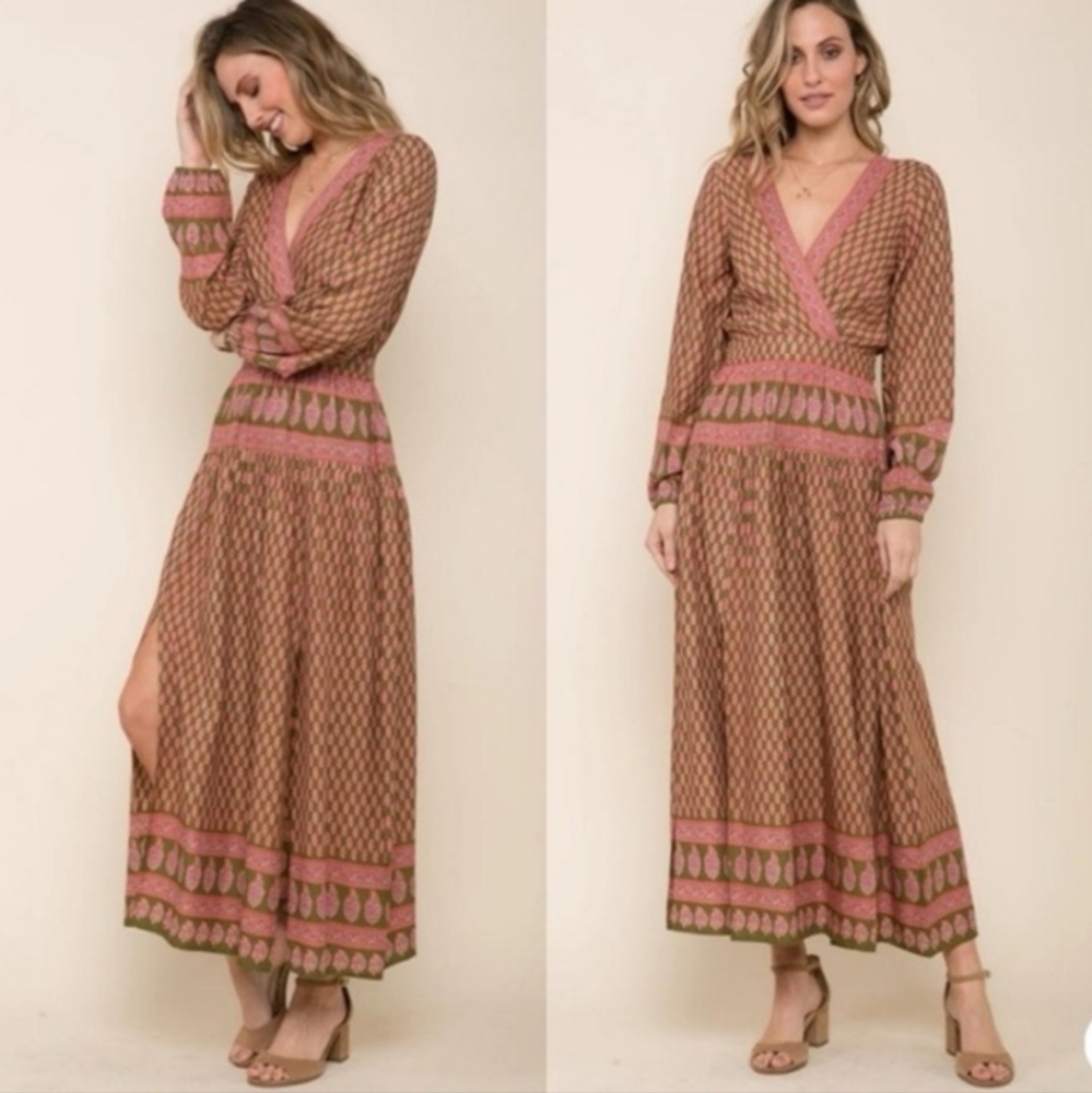 RAGA Avah Pink/Grn Surplice Boho Maxi Dress Long Slvs Smocked Back Split Hem XS